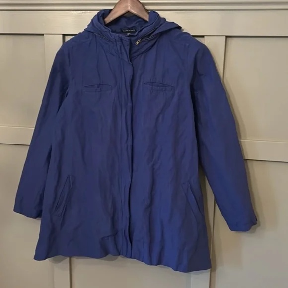 Eileen Fisher Metallic Blue A-Line Jacket Coat Stow Hood Full Zip Size Large - Picture 5 of 10